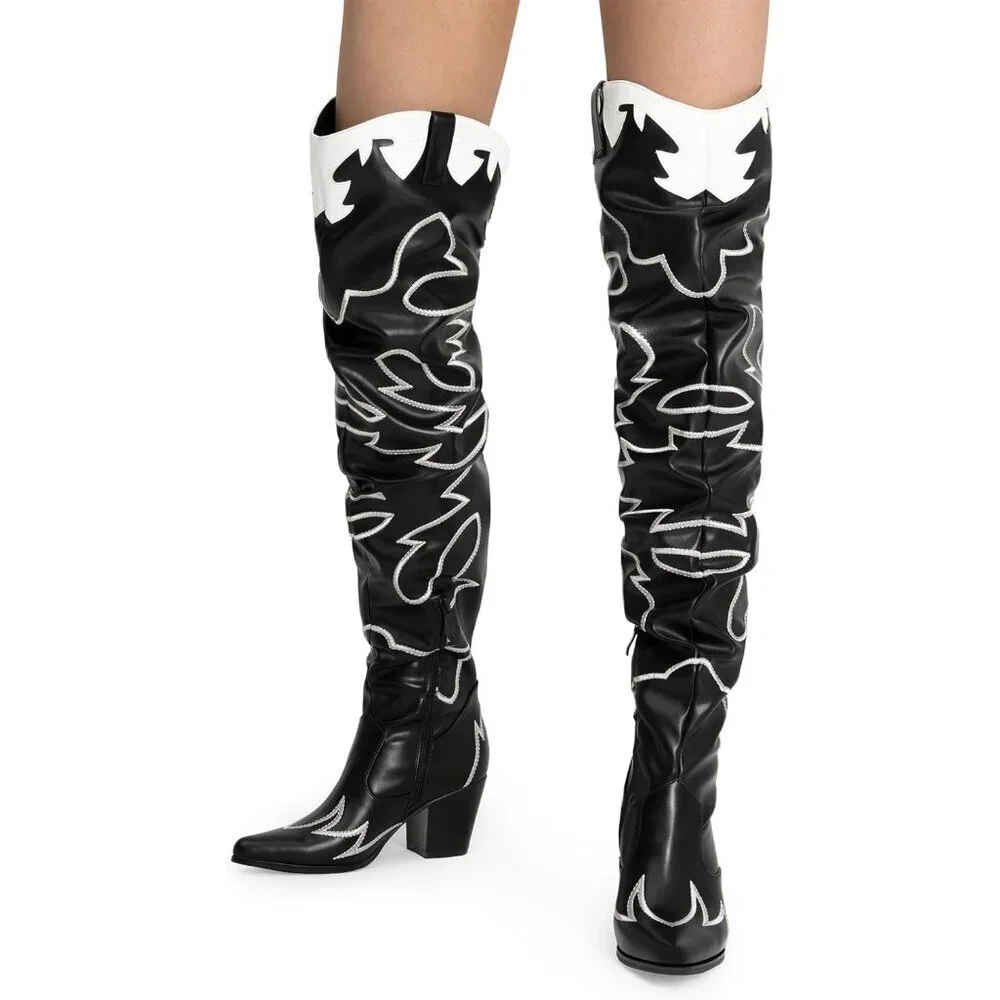 Women Black Faux Suede Cowboy Boots Over The Knee Thigh High Western Boots